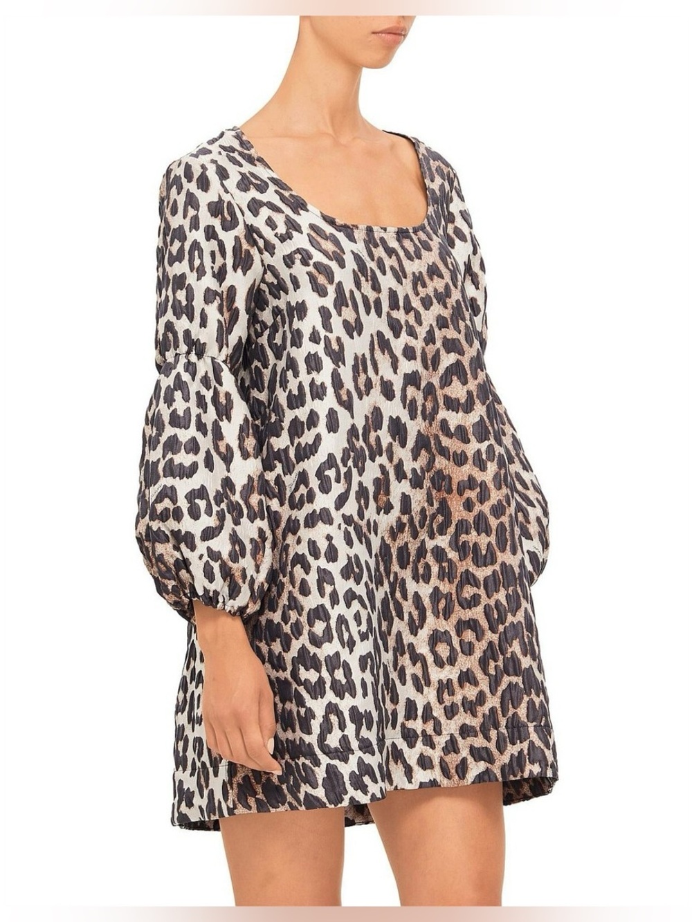 GANNI 
Leopard Print Scoop Neck Shift Dress - Neutral Tones